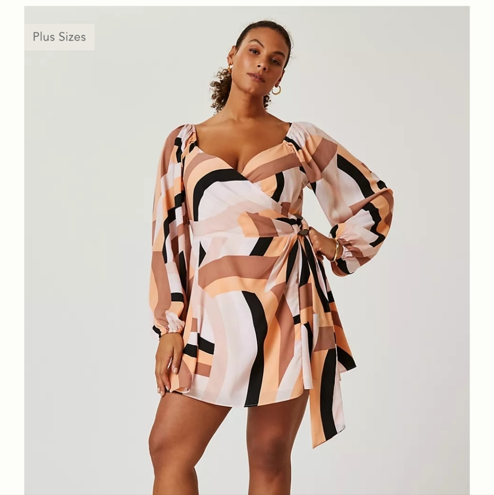 Anthropologie Geo-Print Wrap Mini Dress in Peach, Black & White